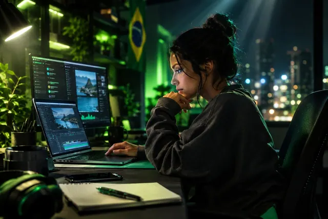 Seorang perempuan berlatih membaca grafik di laptop pada malam hari dengan buku catatan di meja