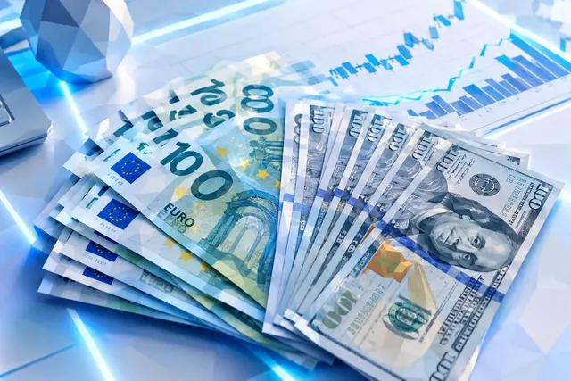 Lembaran uang euro dan dolar AS tersusun seperti kipas di atas meja dengan grafik harga