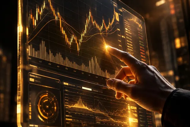 Jari menunjuk grafik harga di layar sentuh transparan bernuansa kuning keemasan