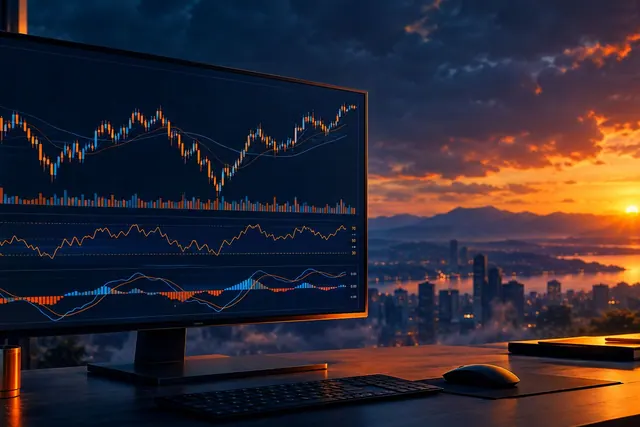 Monitor lebar menampilkan grafik forex dengan panel indikator di depan jendela berlatar senja