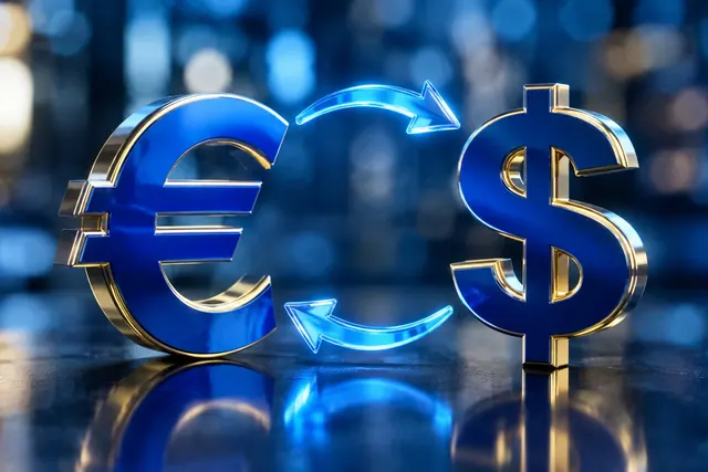 Simbol euro dan dolar biru dengan panah melingkar di antaranya, ilustrasi pertukaran dua mata uang