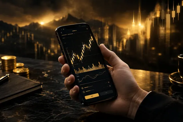 Tangan memegang ponsel yang menampilkan aplikasi trading dengan grafik candlestick berwarna emas
